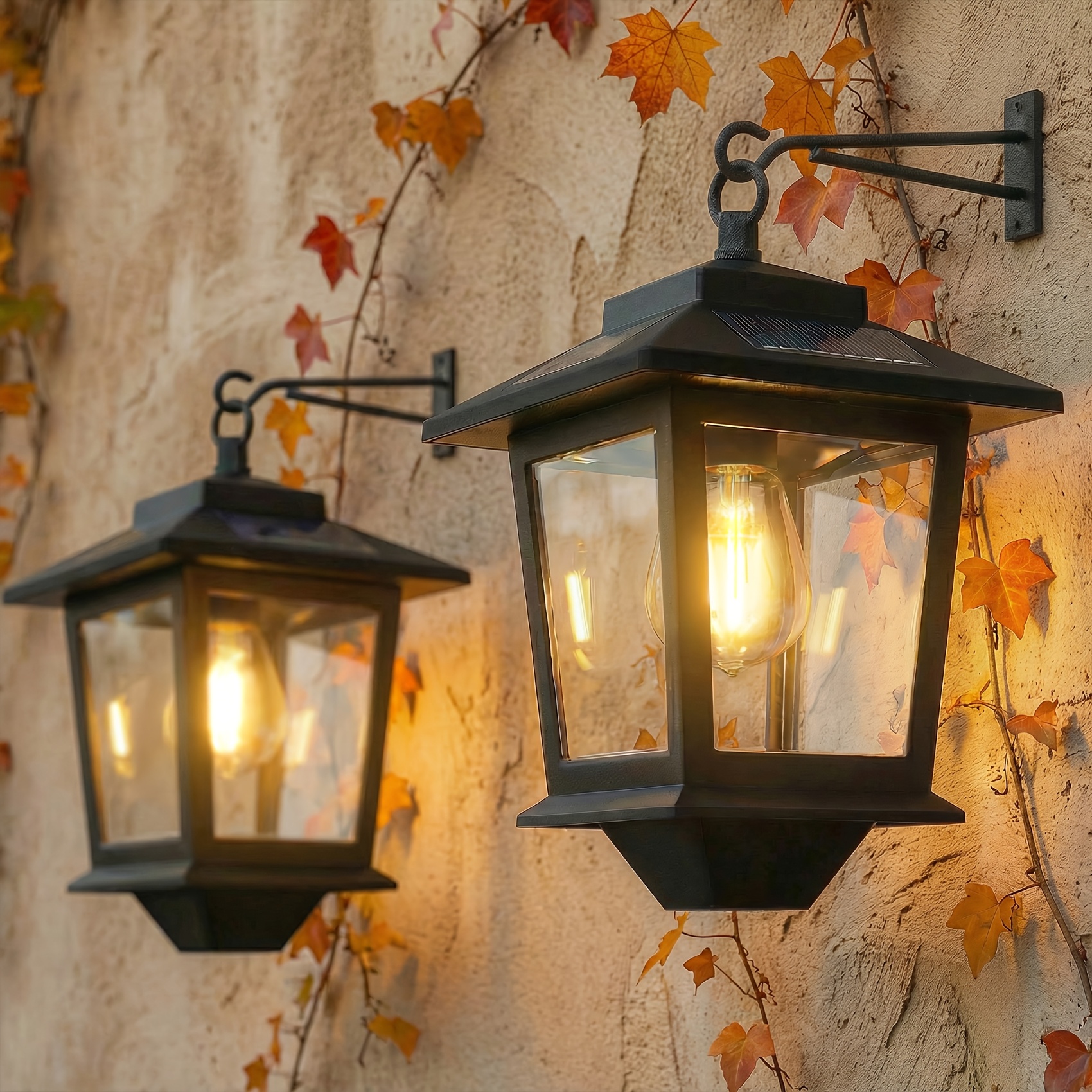 TEMU 2 Pack Solar Wall Lanterns | With Replaceable Bulb, 4 Solar Panels, Matte Black Plastic Exterior Wall Lights For Patio, Front Door, Entryway,