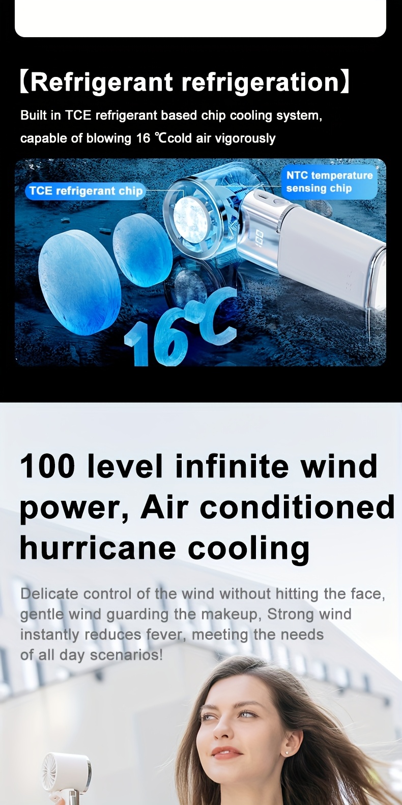 Handheld neck fan with a 130-degree adjustable head, built-in cooling pad on the fan surface for rapid temperature reduction, supports up to 10W fast charging via large 6000mAh battery, includes creative retractable lanyard and buckle strap