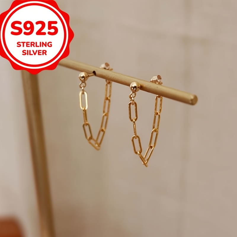 925 Silver Minimalist Personality Cold Tone Square Chain Tassel Dangle Earring Clip, Versatile Accessory