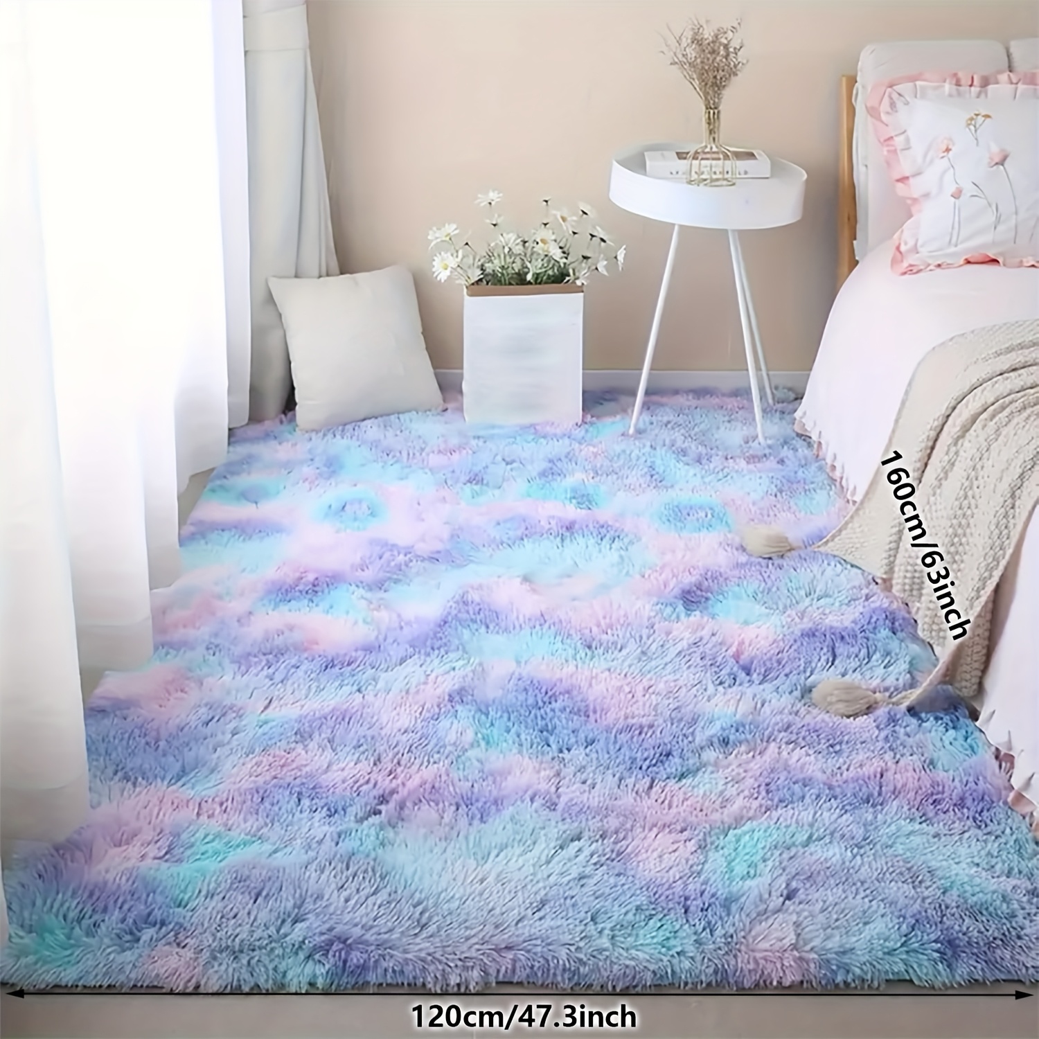 Image of Fluffy Plush Carpet, Long Pile Tie-dye Blue Multicolor Rug, Suitable For Bedroom Living Room Indoor