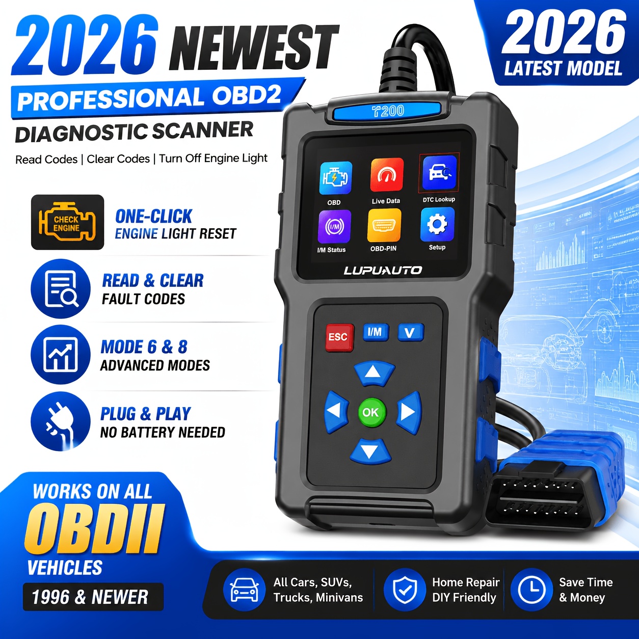 Scanner Diagnostic Code Reader, Check Engine Light Reset, Read & Clear Fault Codes, Mode 6 & Mode 8, , No Battery Required, Fits All Obdii Vehicles 1996+