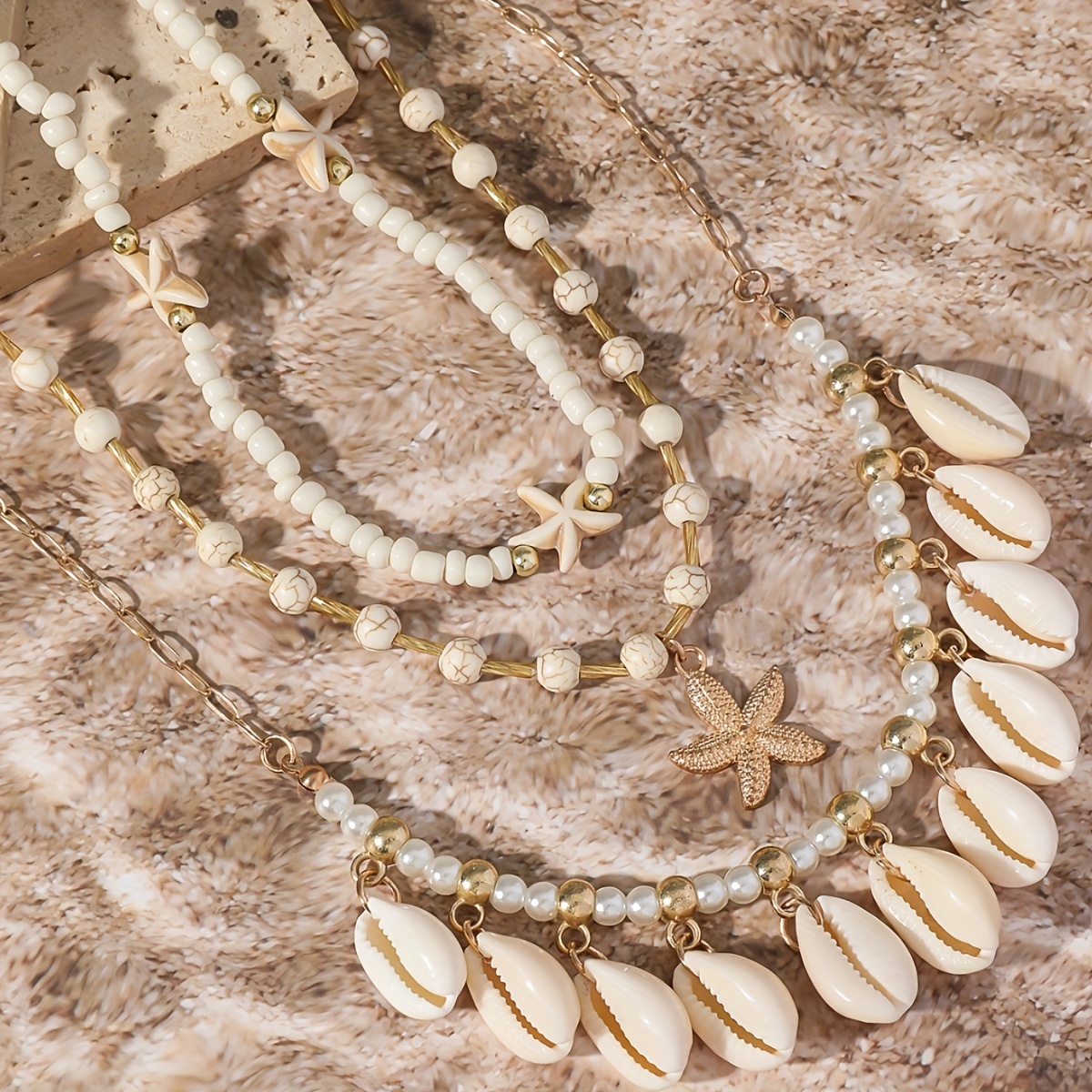 Bohemian Ocean Beaded Necklace Set with Shell Chain