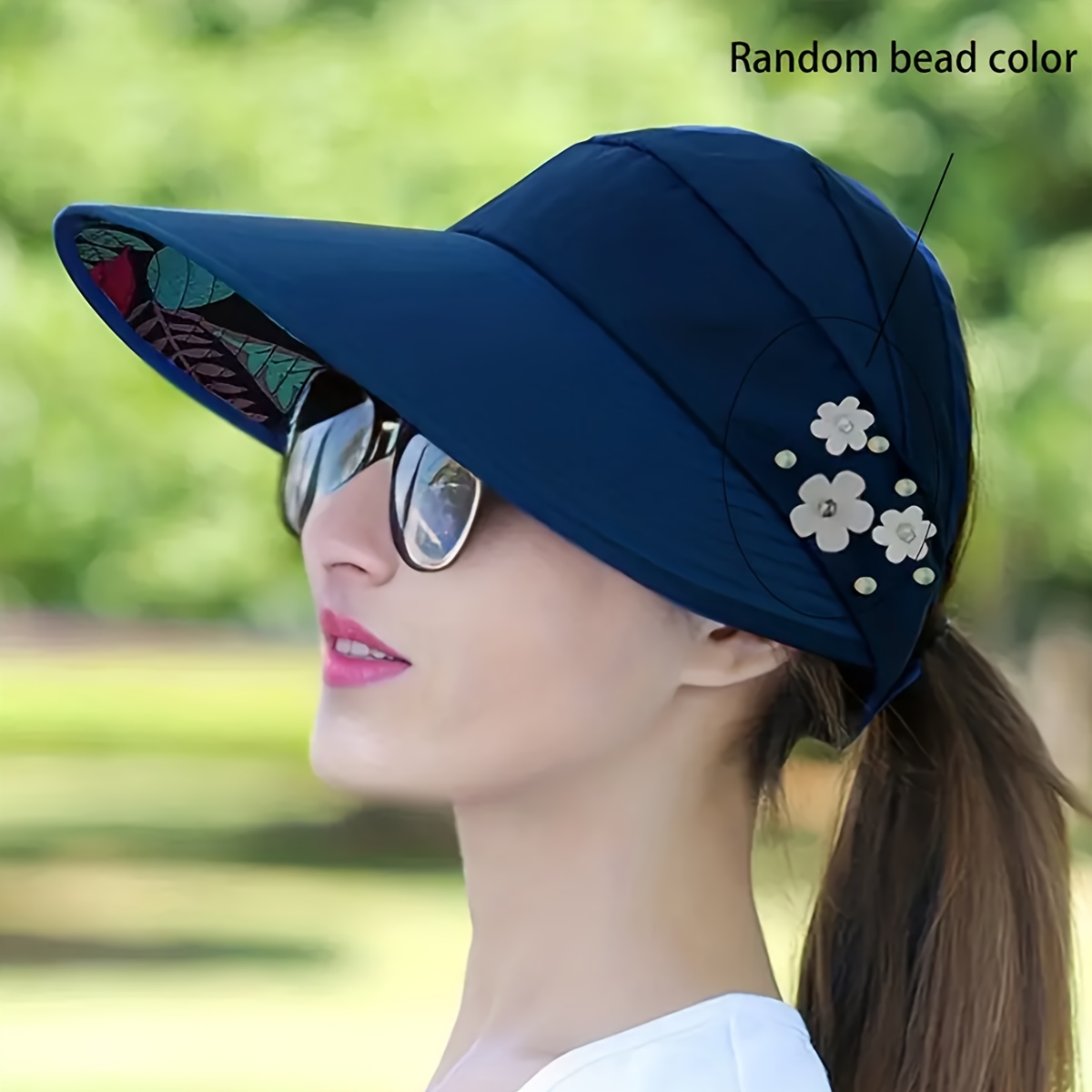 TEMU 1pc Imitation Pearl Decor Sun Visors Wide Brim Backless Hats Summer Foldable Ponytail Hats For Women