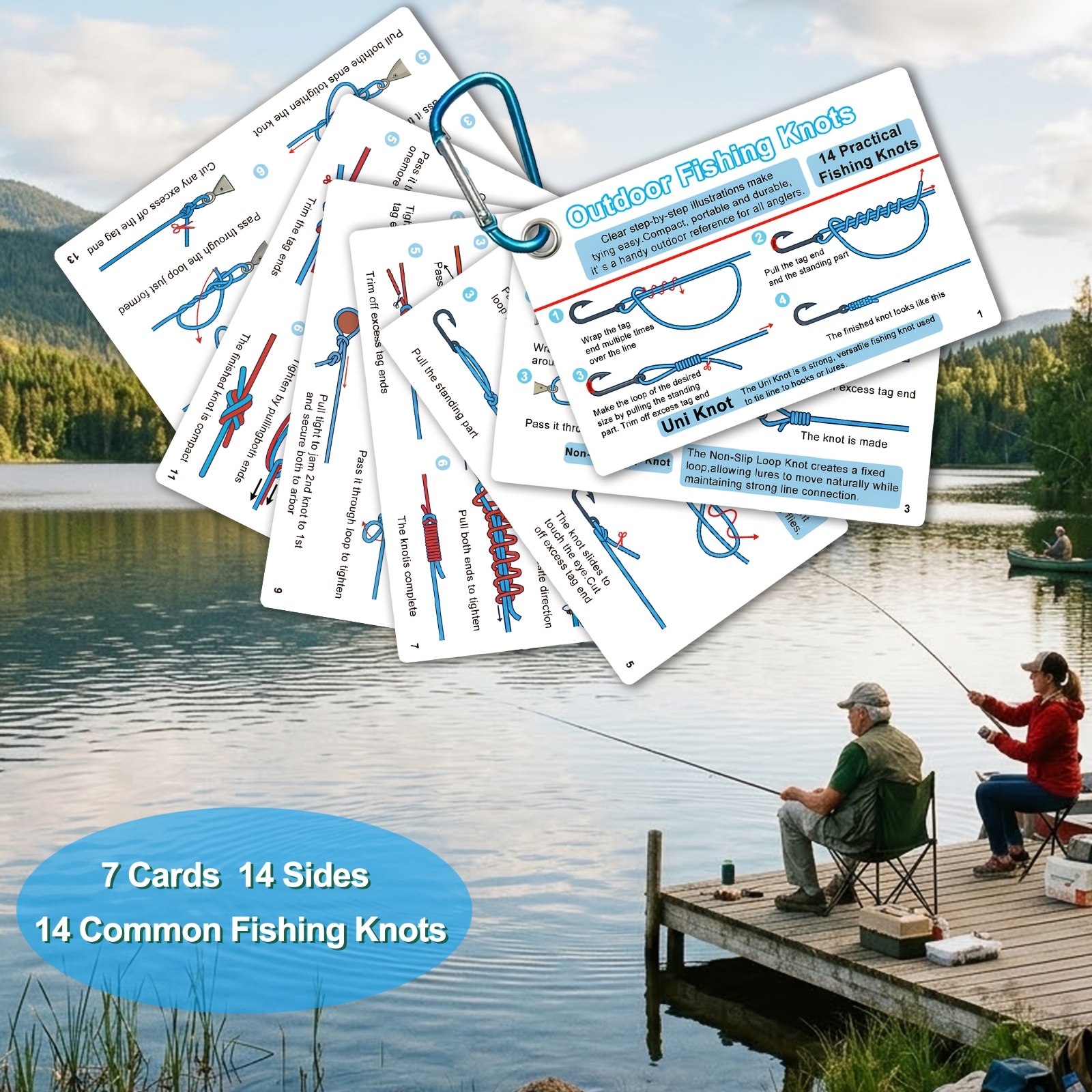 TEMU 7 Cartes Référence de Nœuds de Pêche Extérieure à 14 Faces + en de de Couleur Aléatoire Gratuit, Guide de Nouage de Nœuds de Poche Portable pour