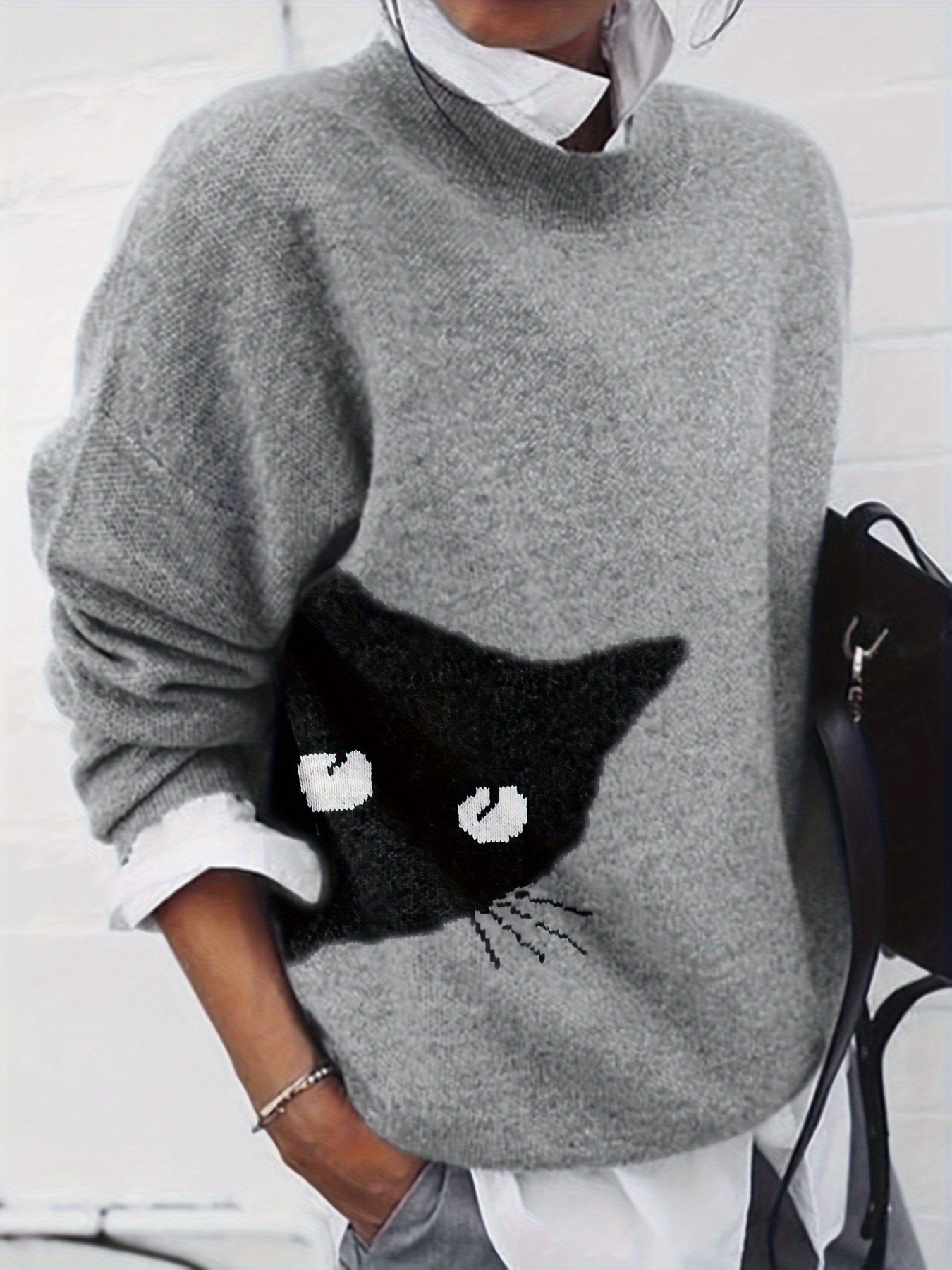 women's casual cat face print long sleeve sweater soft round