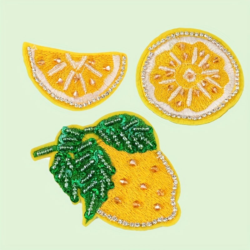 E-shop 3 Stück handgefertigte gelbe Zitronen-Patches mit Perlen, Frucht-Zitronen-Pailletten - Benötigt Nähinstallation. Kleider-Verzierungen geeignet