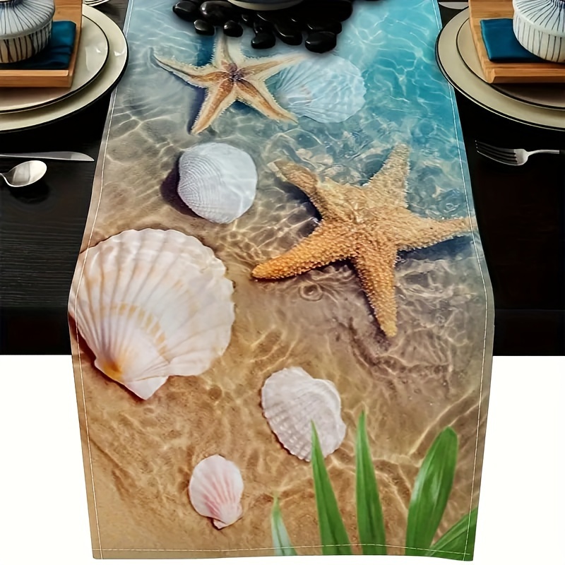 

1pc Ocean Starfish & Shell Print Table Runner - Non-slip, Polyester, Rectangular For Dining, Kitchen, Living Room, Outdoor Parties & Vacations