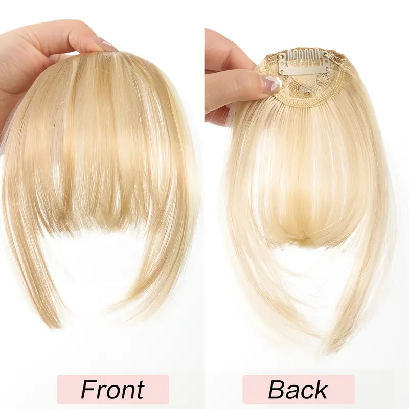 1pc clip in bangs front neat bangs hairpiece synthetic false hair piece bangs hairpiece clip in hair extensions for women girls golden gray heat resistant suitable for daily wear cosplay music festivals parties holidays details 2