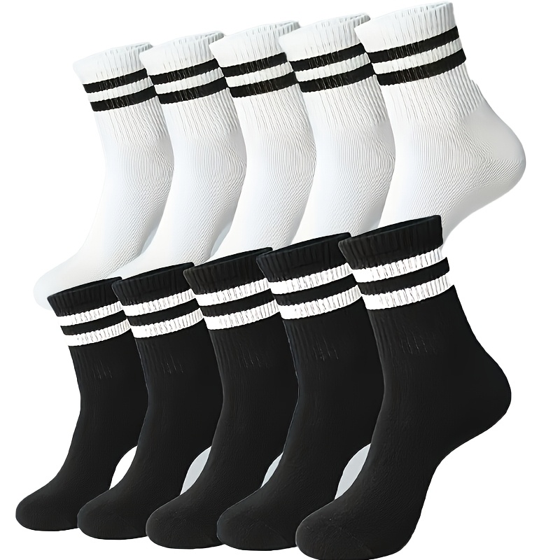 E-shop 5/10 Paar gestreifte Mid-Calf Socken, Herren Damen Paar Socken Lässige Sportliche Schwarz Weiße Einfarbige Zwei-Streifen All-Match Socken
