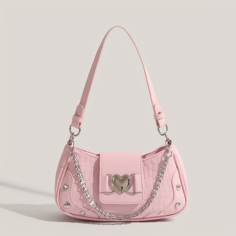 

1pc Py2k Style Solid Color Shoulder Bag With Heart Decor, Sweet And Edgy Underarm Purse With Removable Strap, Zipper Closure, Polyester Lining, Edge Paint Detail - In Cream/pink/black, Cute Purse