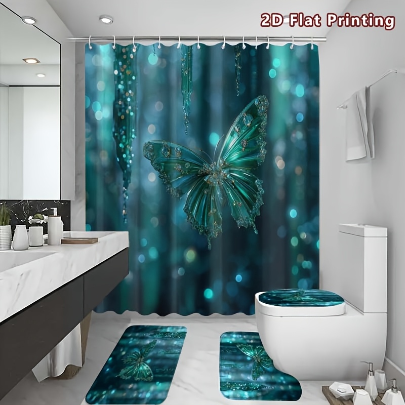 4pcs Dreamy Butterfly Shower Curtain Set with Bathroom Accessories
