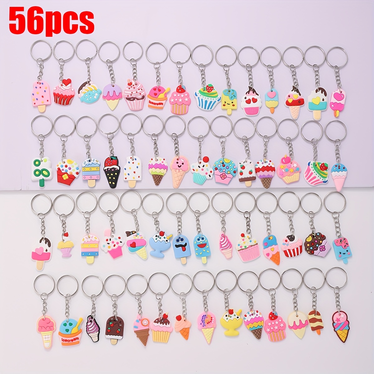 TEMU 56pcs Cartoon Ice Cream Keychains, Cute Cartoon Ice Cream Key Rings, Suitable For Prizes, Student Rewards, Back-to- Small Gifts, Multiple Colors