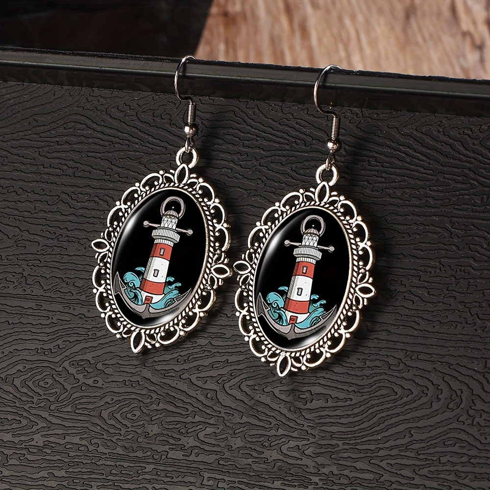 TEMU 1 Pair Lighthouse Anchor Vintage Earring Glass Dome Dangle Earrings Gift For Friend