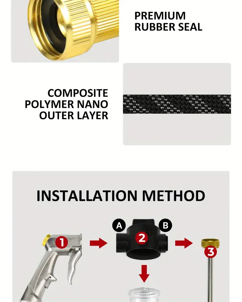 heavy duty garden hose 50ft 100ft 150ft non kink flexible 10 mode nozzle leak proof brass fittings hose nozzle bonus grey garden hose reel outdoor watering durable construction sturdy connectors watering equipment home patio watering reinforced material leakproof fittings diy enthusiasts Product details 3