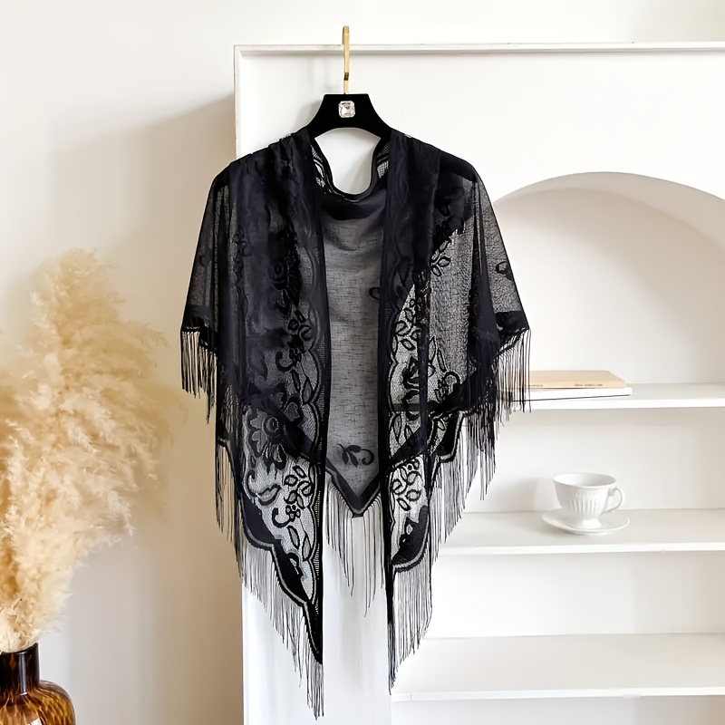 TEMU Elegant And Sophisticated Women' Shawl | Vintage Floral Cut-out Pattern + Fringe Trim | Sheer Mesh Style | Elegant Decorative Triangle Scarf |