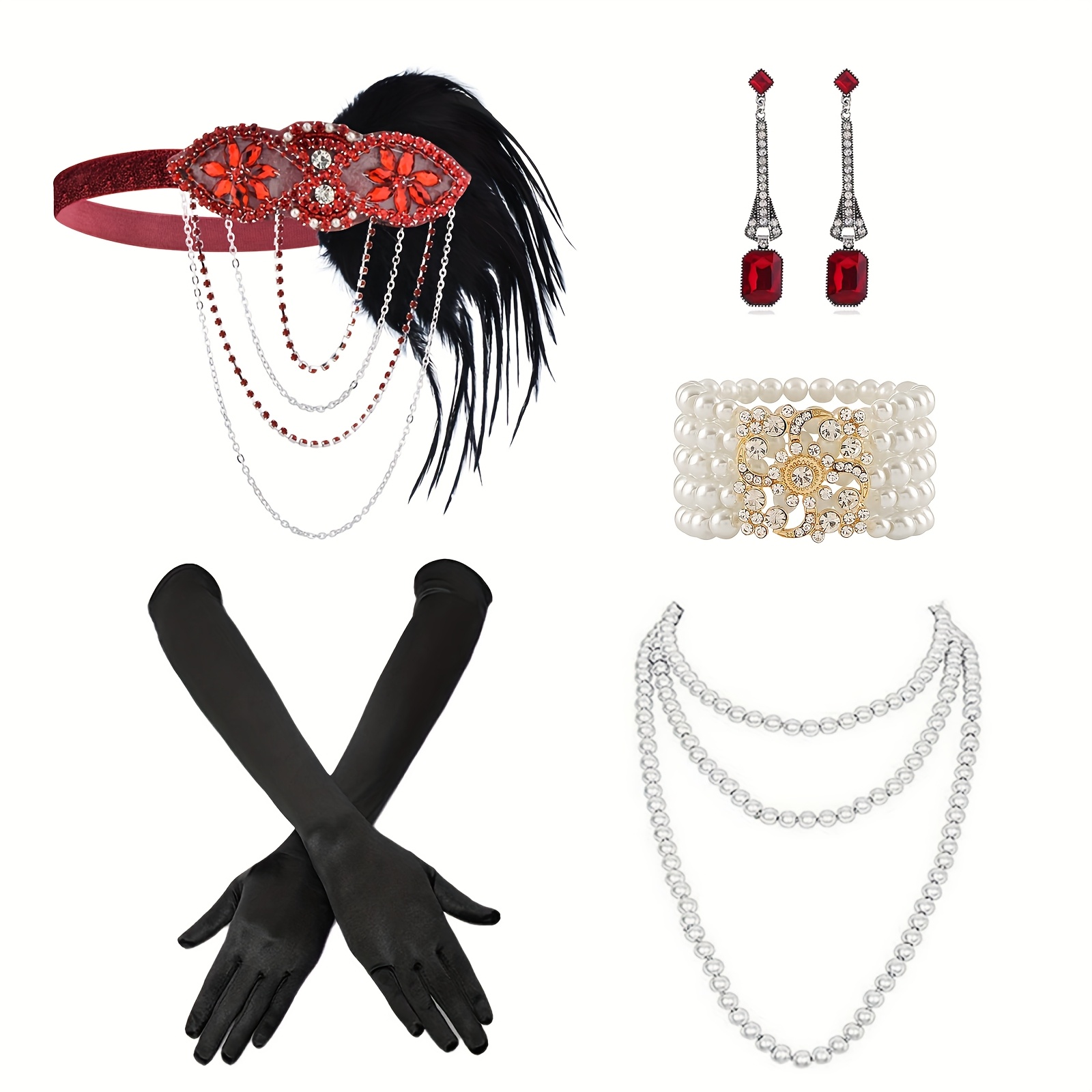 Set De 7 Accessoires Années 20 Pour Femme – Coiffe Plume Paon, Gants Longs, Collier Perles, Bracelet Et Boucles D’oreilles – Idéal Soirée Gatsby