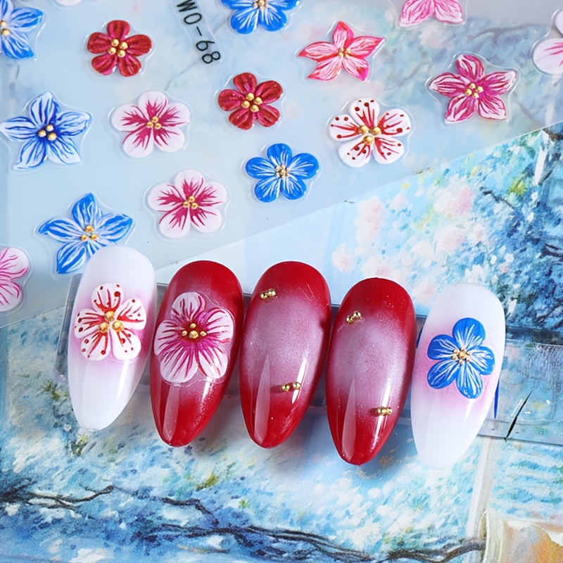 8 Blätter Hibiskus Nagelsticker – 3D Selbstklebend, Weiß/pink/gelb – Für Sommerliche Nageldesigns & Deko