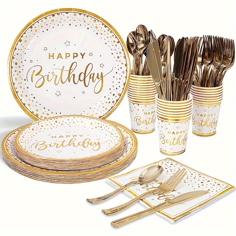 

175pcs Happy Birthday Plates And Napkins Party Supplies, Gold Dot Paper Plates And Napkins With Gold Plastic Forks Knives Spoons Serve 25 Guests For Birthday Party Decorations