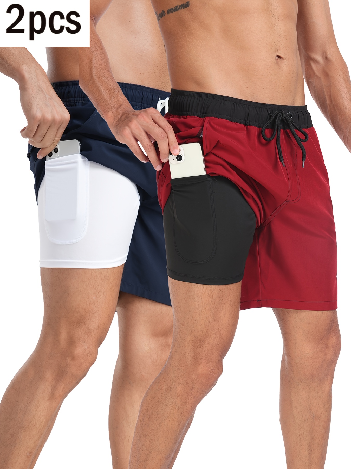 Set of 2 Men'S Casual Sports Shorts, Solid Color Double-Layer Beach Shorts for Fitness, Basketball, And Volleyball