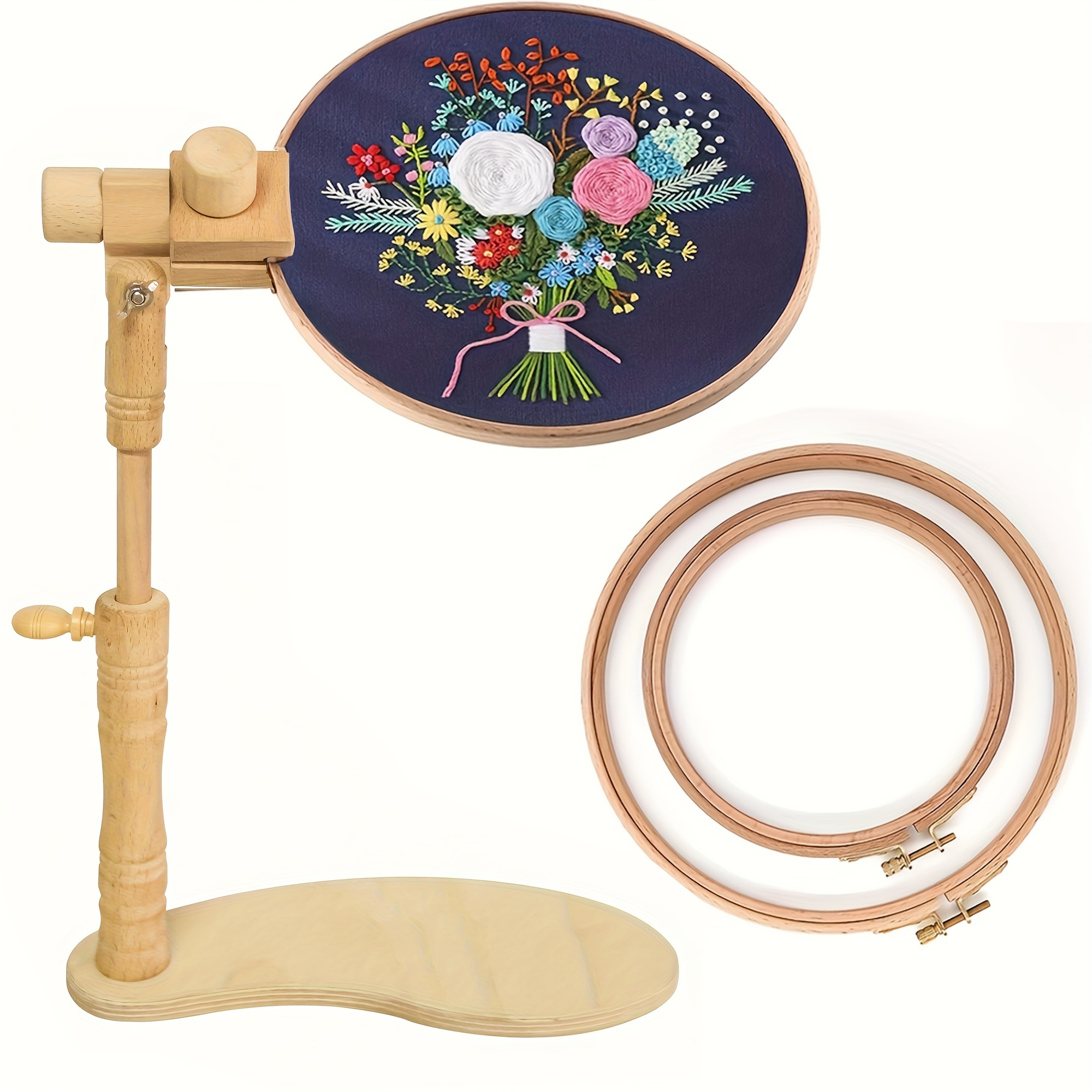 

1pc Beech Wood Adjustable Rotated Embroidery Hoop Stand With 2 Pcs 6/8inch Embroidery Hoops, Wooden Embroidery Stand, Embroidery Hoop Holder For Cross Stitch And Embroidery Project