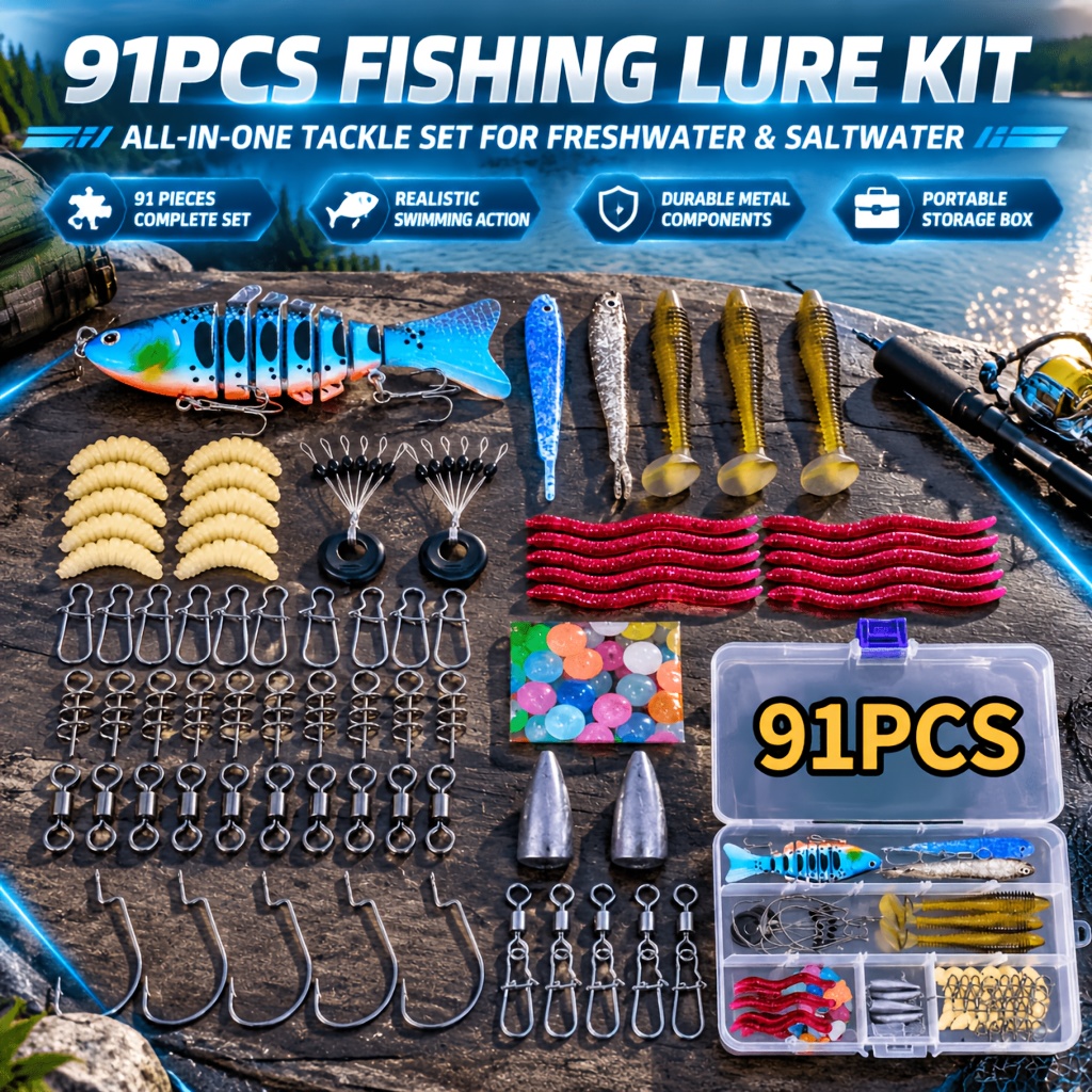 TEMU Outdoor Fishing Lure Combo Set, Multi-style Baits, With Fishing Hooks, Weight Additions, Quick Connect Components, And Colored Beads, Equipped