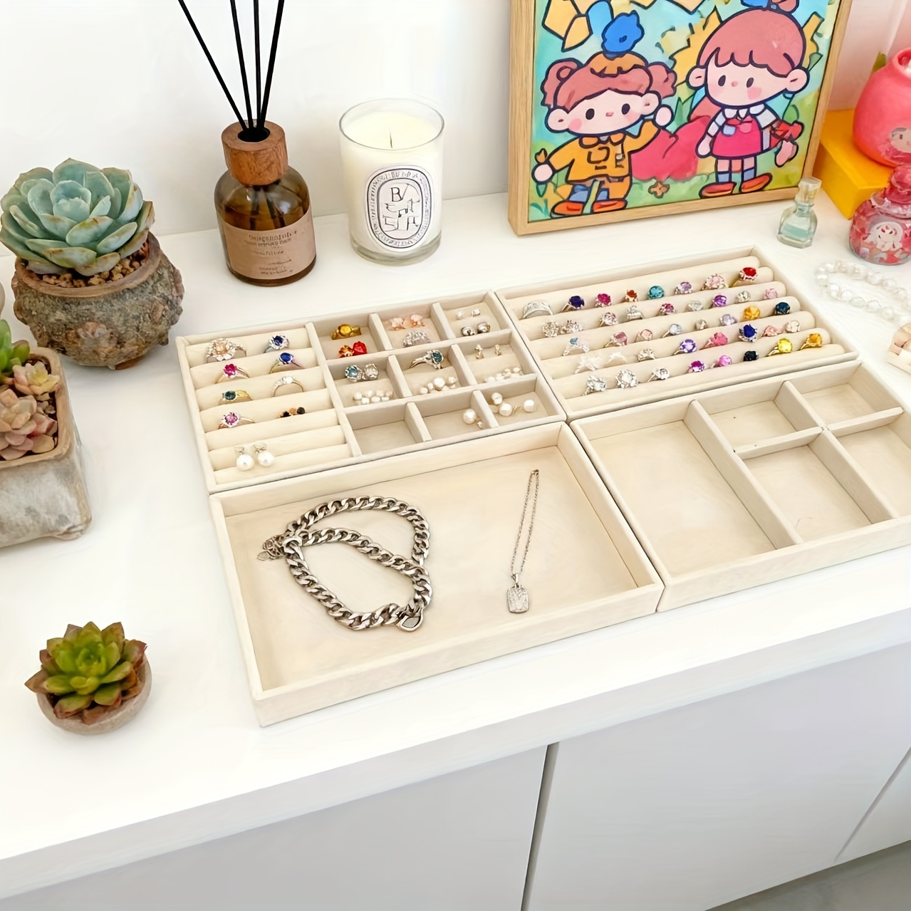 4pcs Velvet Honey Yellow Stackable Jewelry Storage Tray