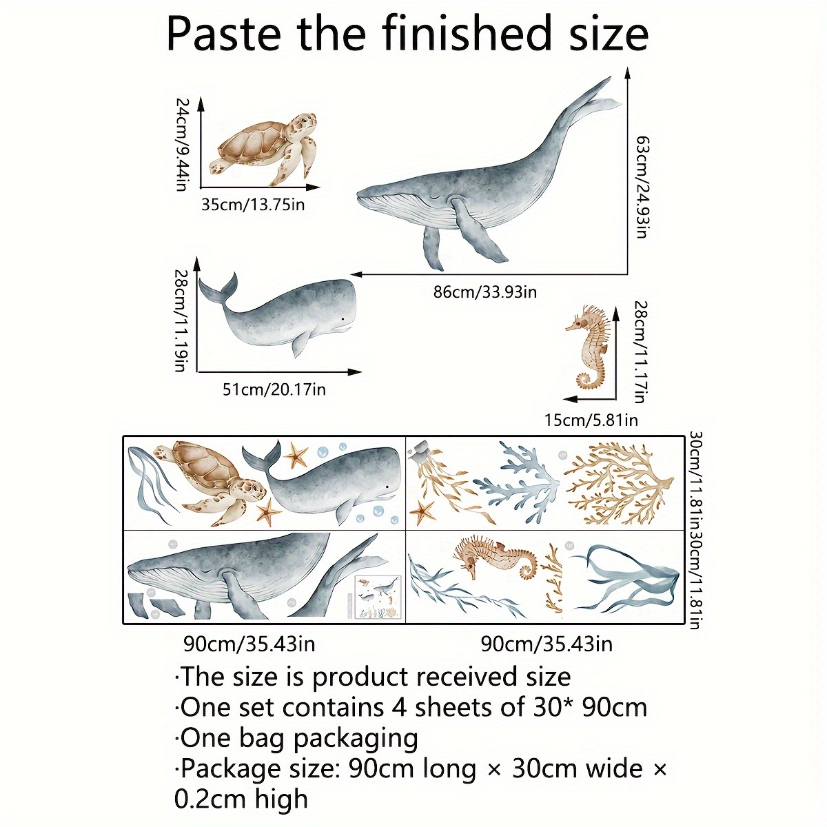 Image of A Set Of 4pcs, 30*90cm*4pcs, Large Bathroom Toilet Stickers, Bathroom Bathtub Underwater Animal Whale Turtle Watercolor Style Wall Decals