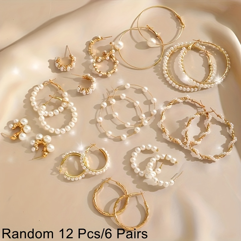 TEMU Juego aleatorio de 10/12 aretes de aro en perlas de blancas, elegantes y exquisitos, para casual de mujer, banquetes y fiestas
