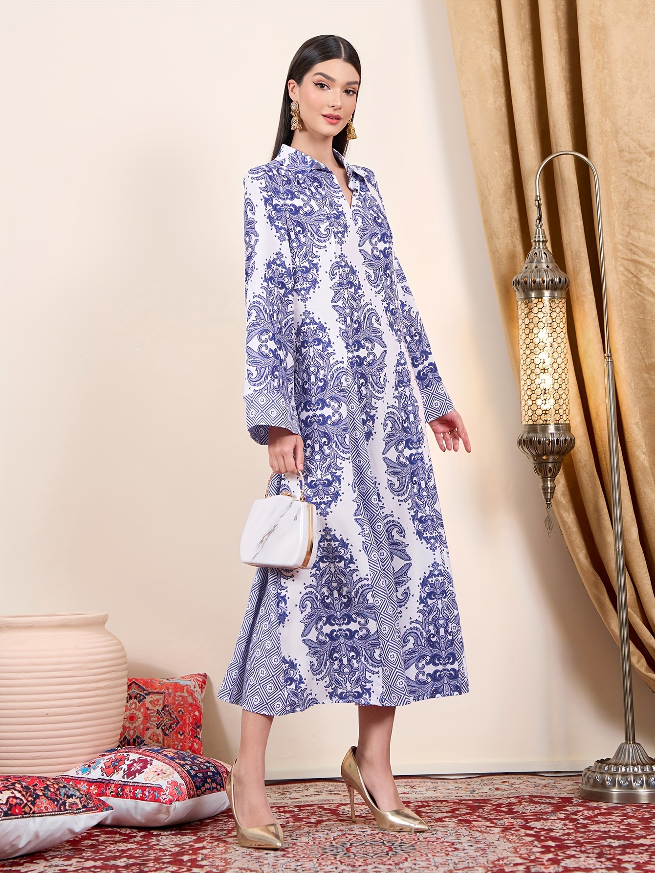 Floral Print Collared Dress Elegant Long Sleeve A line Maxi - Temu