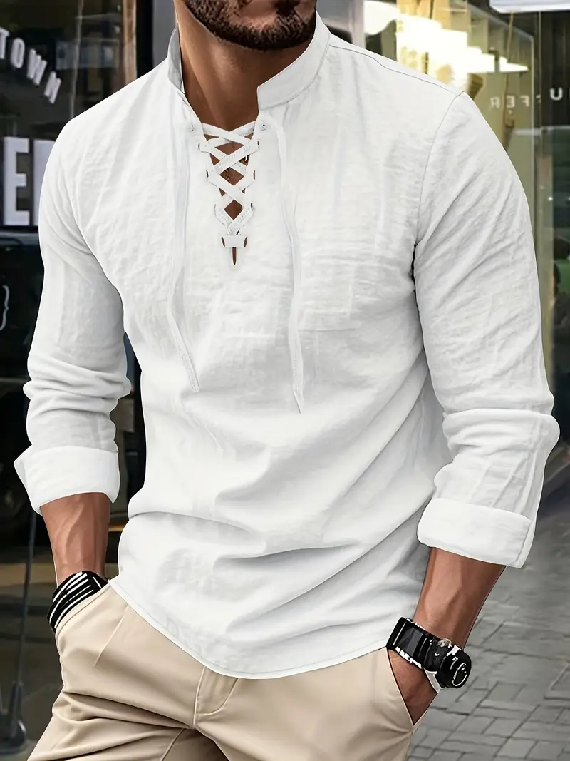 mens elegant linen v neck long sleeve t shirt with cross strap detail breathable regular fit for casual outdoor evening wear spring summer fall versatile top casual wear tee tshirt linen fabric t shirts Product details 14