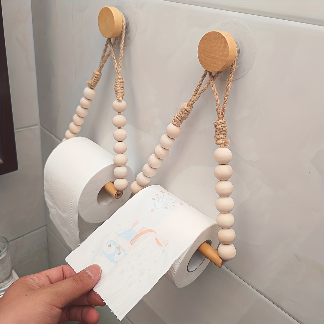 punch   paper storage rack   with   rope and wooden balls   installation toilet paper holder bathroom accessory