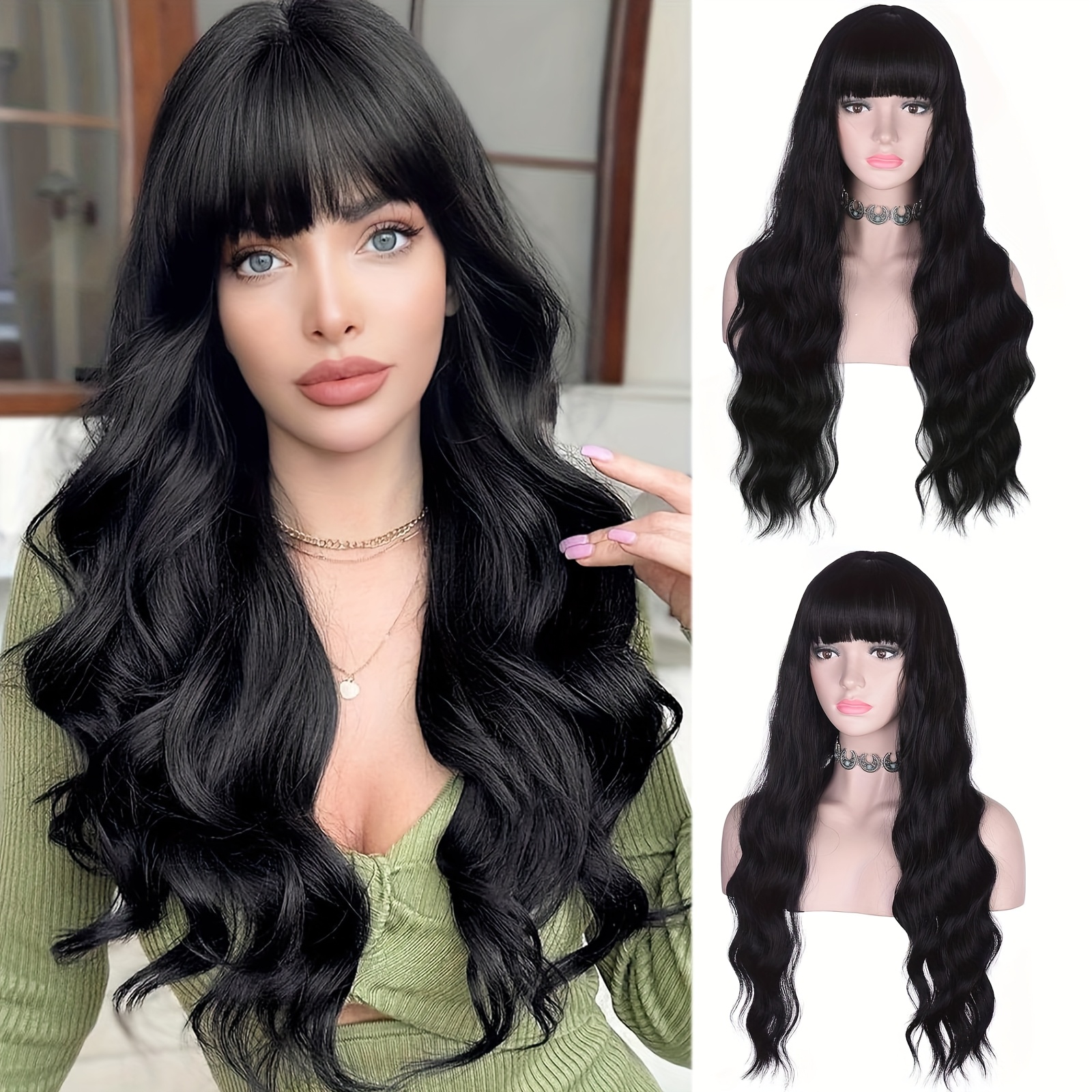 TEMU Chic 28-inch Black Curly Wig With Bangs For Women - , Parties & Christmas
