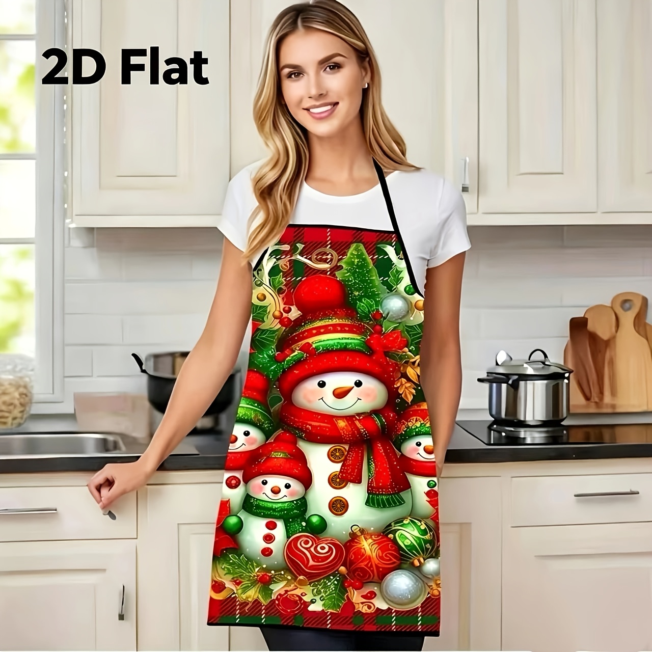 TEMU 2d Flat - Christmas Decoration Printed Apron, Polyester Material, Cute Santa Claus Costume Elf Apron, Fun Cartoon Pattern Apron, Suitable For