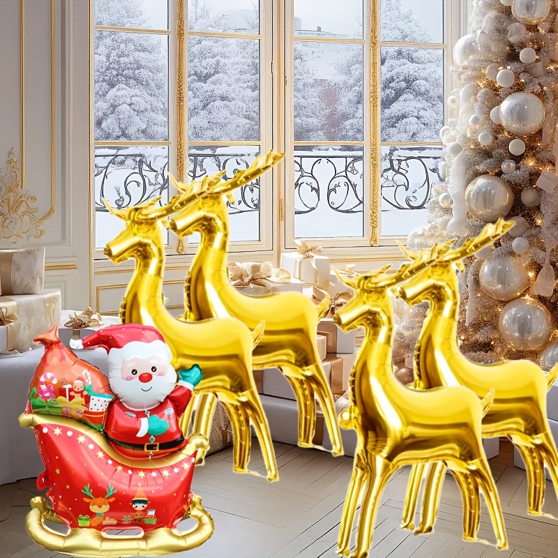 

3pcs Christmas Reindeer & Santa Sleigh Balloons Set - Mixed Decorations For New Year & Christmas, Self-sealing, Reusable For Holiday Indoor Festivities, Suitable For Ages 14+