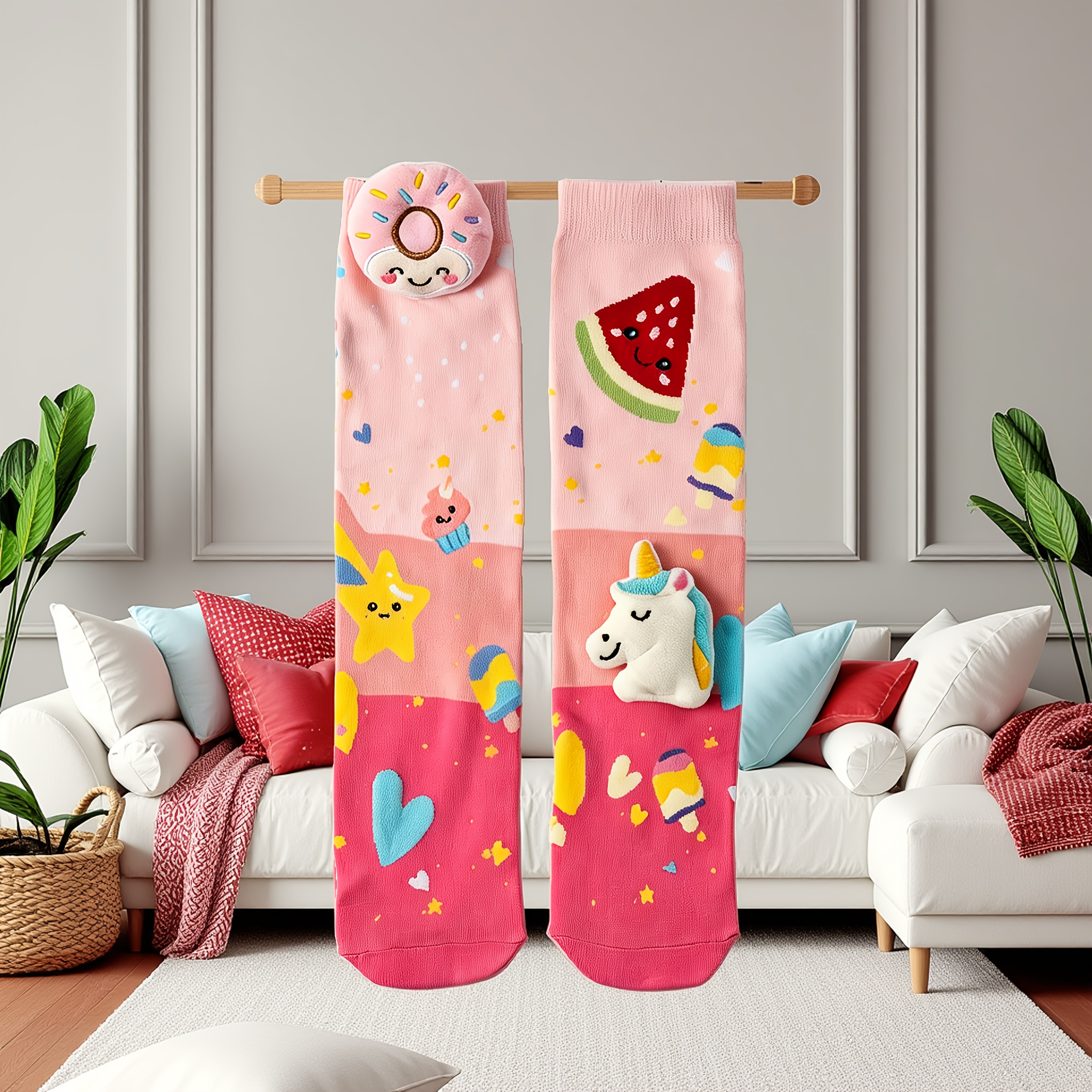 TEMU 1 Pairs Girls 3d Plush Doll Knee High Socks, Cute Unicorn Donut Watermelon Cartoon Print Colorful Long Socks, Soft Novelty Socks For Party Gift