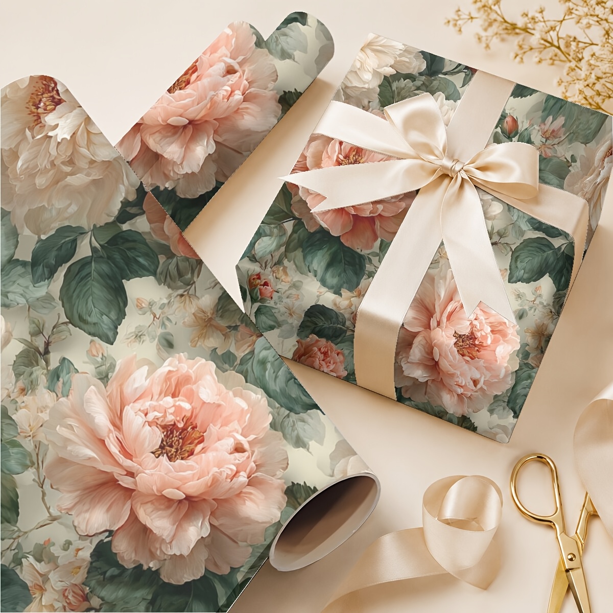 TEMU Extra Long Gift Wrap Paper Roll 19.69in X 118.11in Peony Pattern Wrapping Paper Birthdays Weddings Valentine's Day And Christmas Party