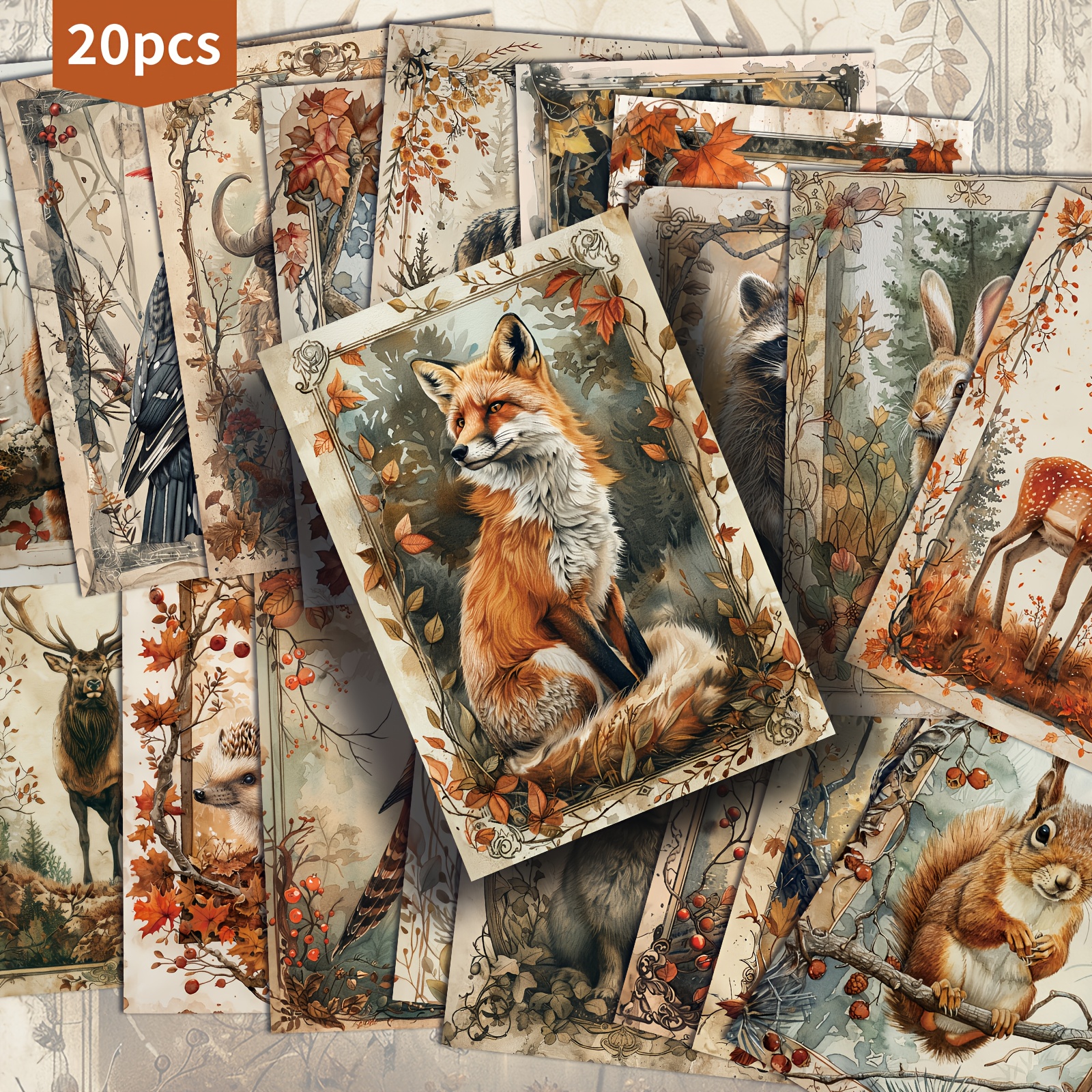 TEMU 20 Cartes Postales Vintage ASSTSS Animaux d'Automne - 4x6 Pouces avec Illustrations de Renard, Écureuil et Oiseau, Couleurs Rustiques pour