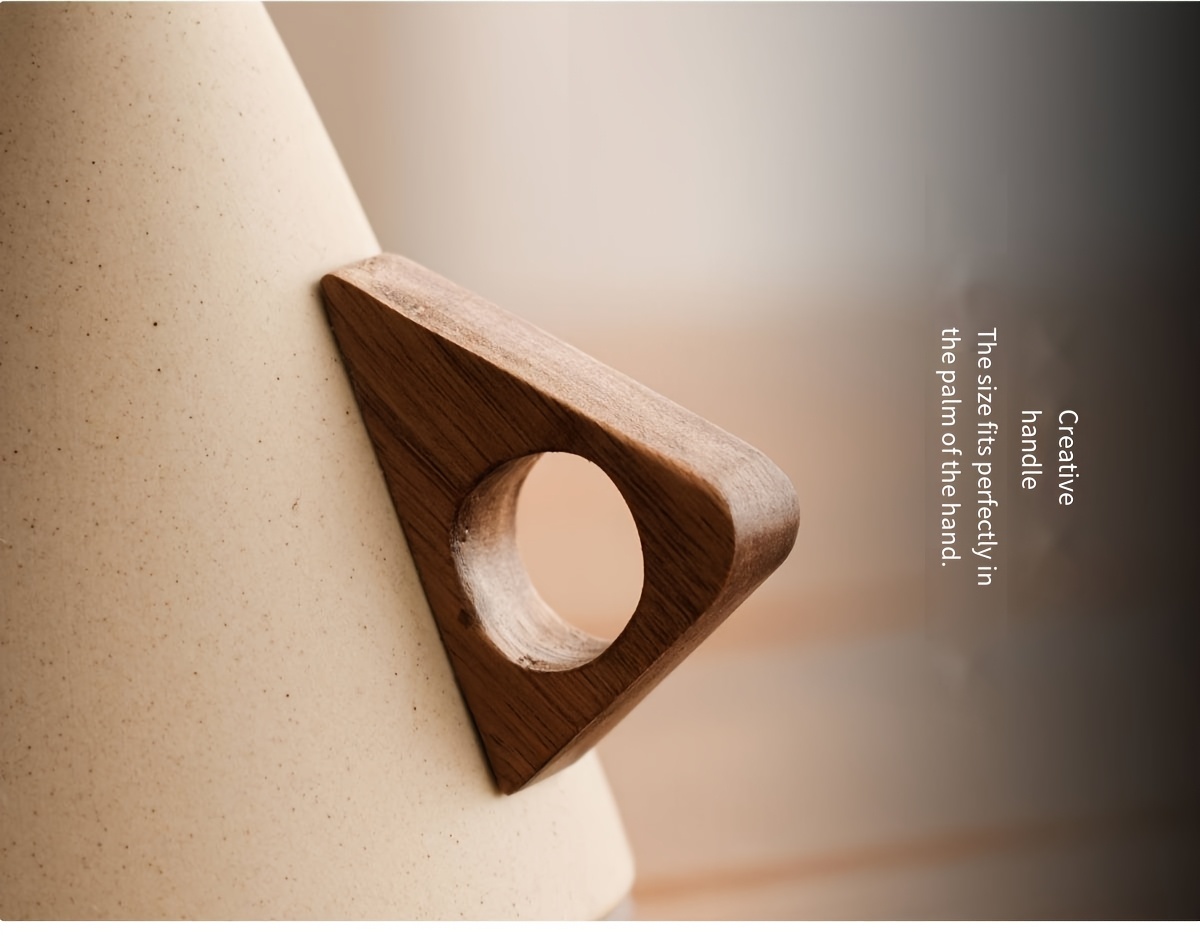 1 Thick Ceramic Handmade Coffee Cup with Wide Spout, Funnel Shape and Genuine Wooden Handle & Coaster Set for High-End Home Office Café Use - Ideal as a Present