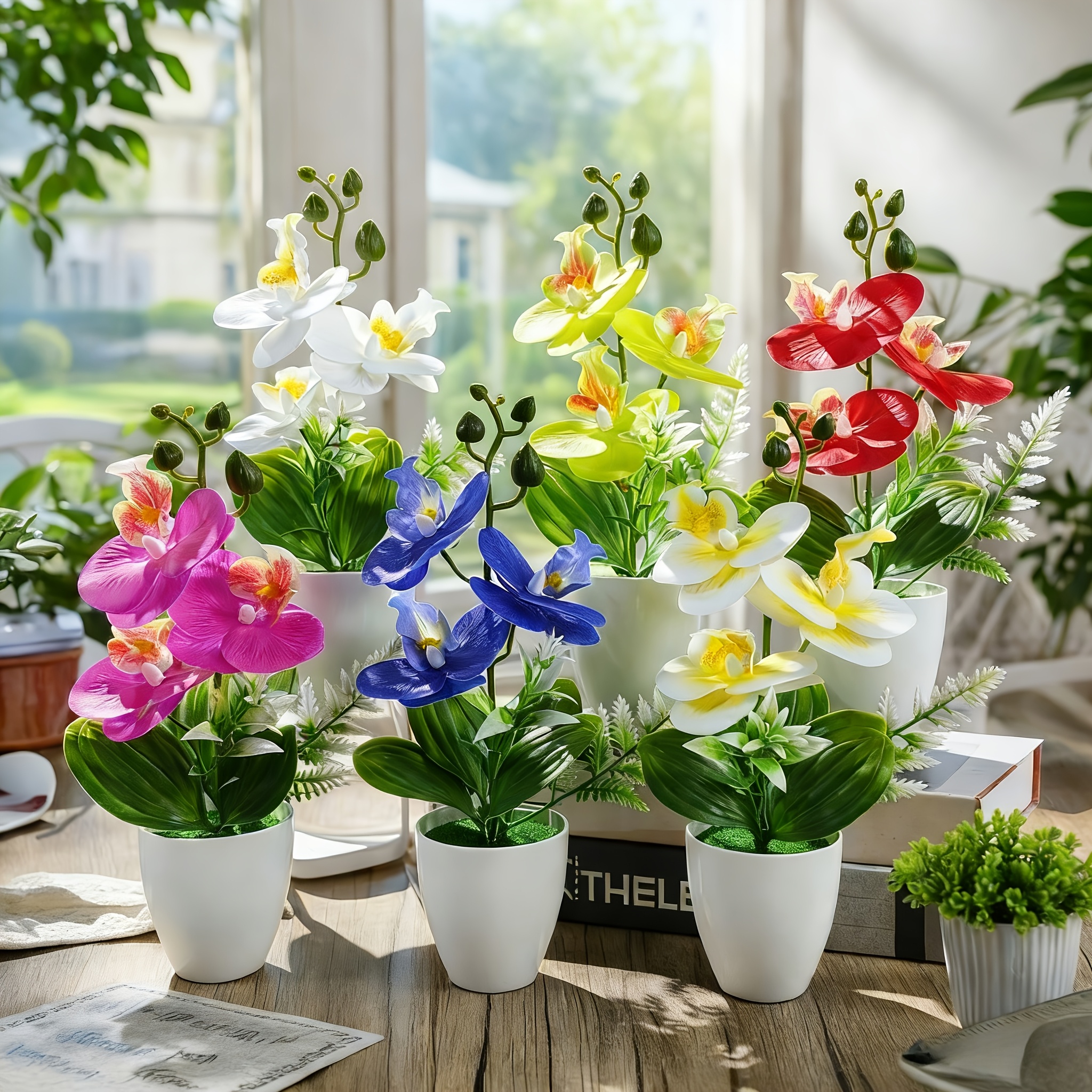 6pcs Artificial Phalaenopsis Orchid Potted Orchid Set With White Vase, Realistic Touch, Suitable For Home Decor, Office, Wedding, And Table Centerpiece