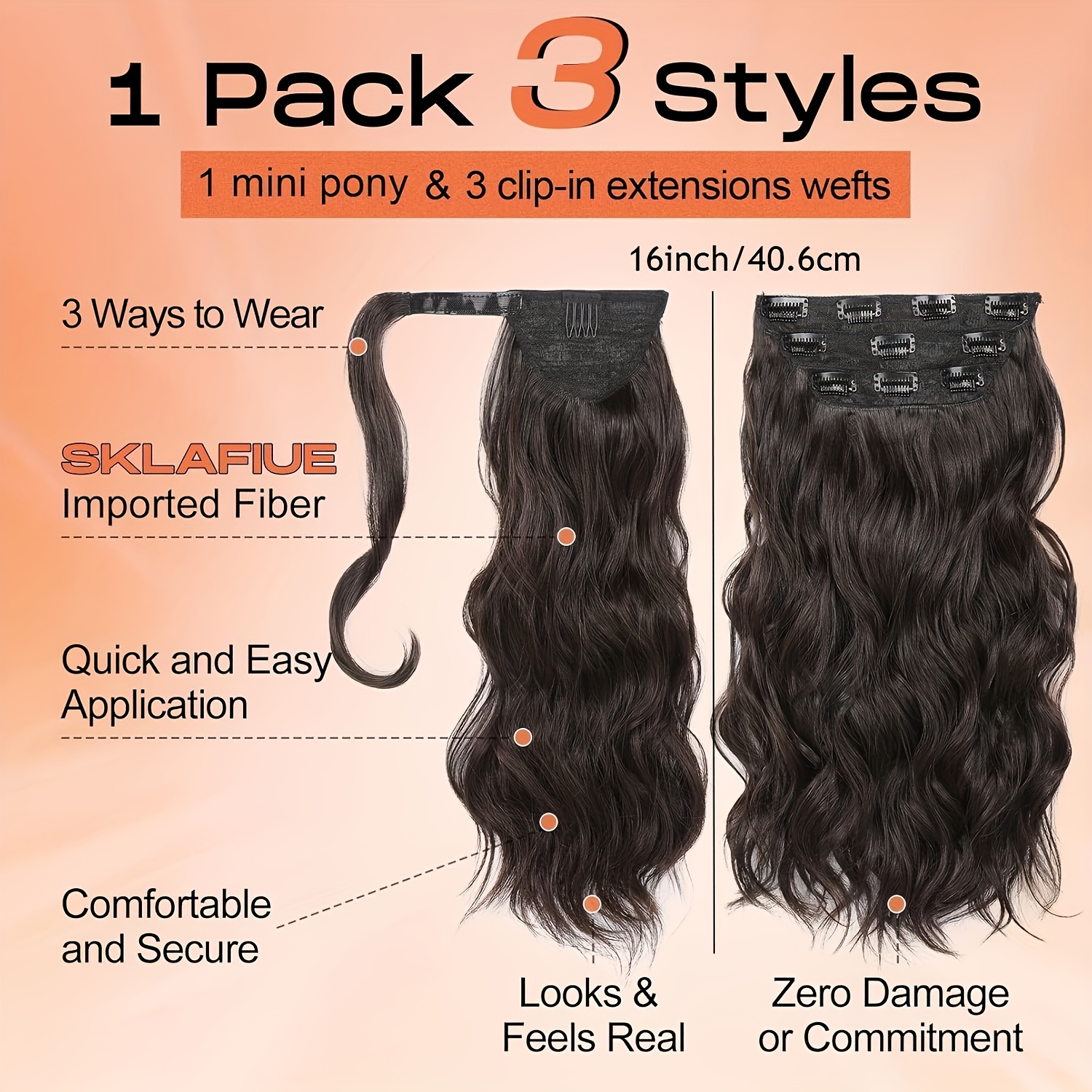 4pcs 16 half up half down ponytail extension set long wavy clip in hair extensions 3 styles in 1   resistant   thick   wrap around ponytail synthetic hairpiece details 3