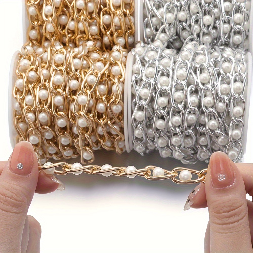 

1 Roll Aluminum Clip Chain With White Glossy Beads Diy Jewelry Making Chain Supplies Bag Chain Accessories, 5 Yards/roll