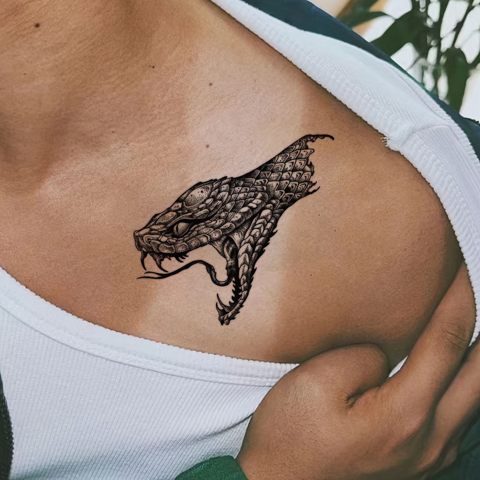 

Fierce Python Snake Head Temporary Tattoo Sticker, Oblong Shape, Long-lasting 1-3 Days, Bold Wild Personality, Waterproof Body Art Decal.