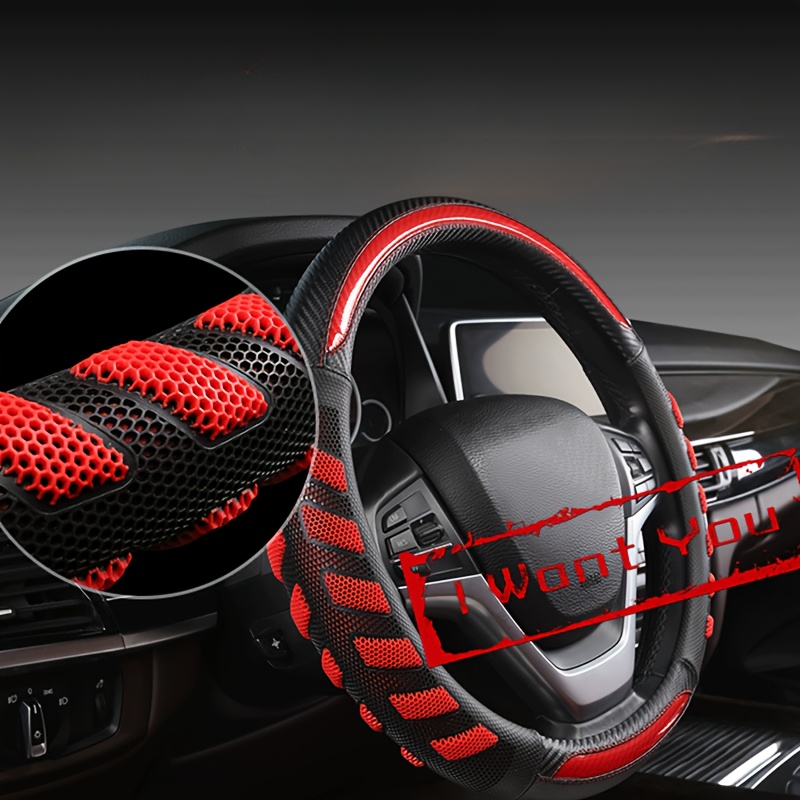 a honeycomb carbon fiber patterned   leather steering wheel cover suitable for   in red and blue designed for car   compatible with 14 1 2 15 steering wheel accessories