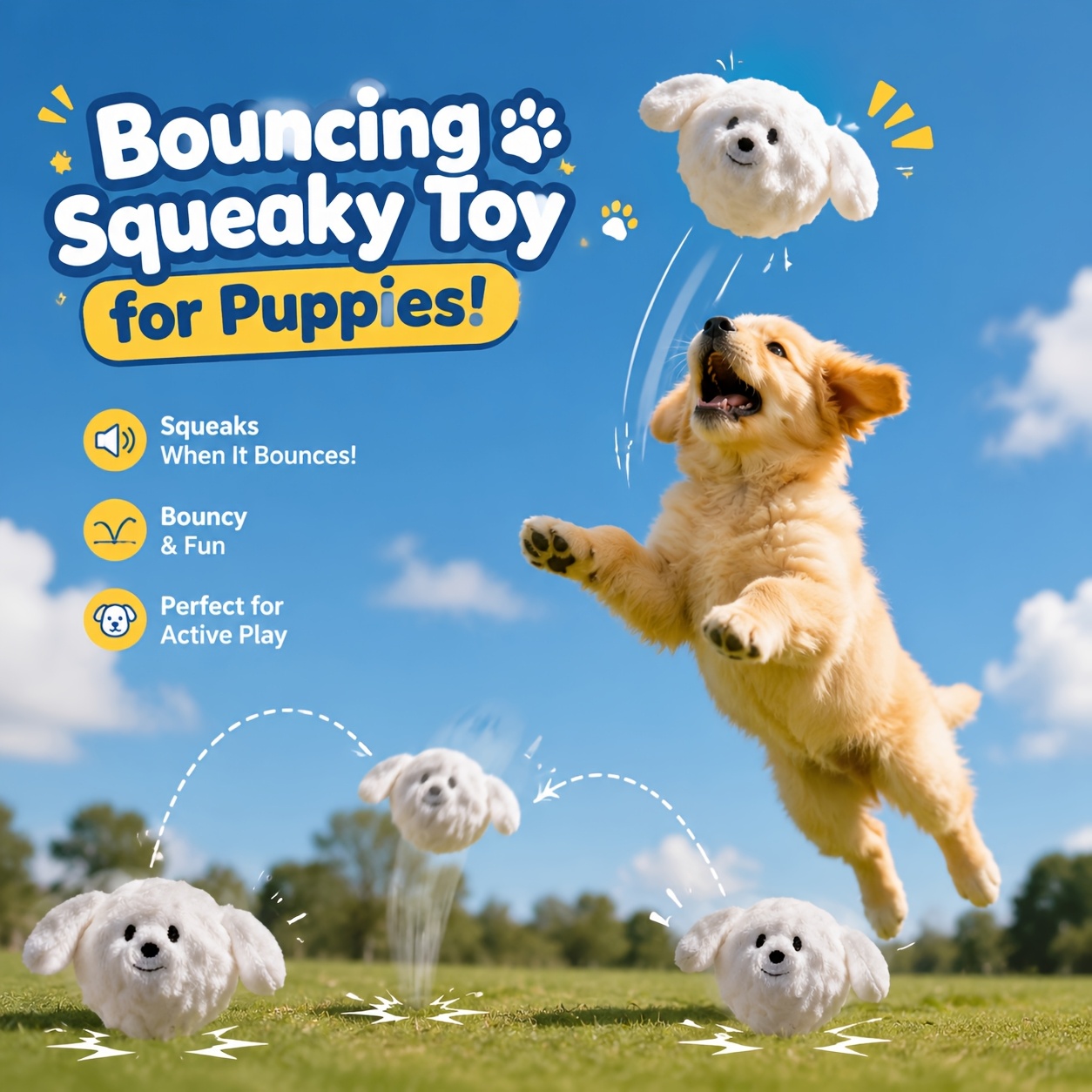 Bear Squeaky Bouncing Dog Toy Ball, Soft Plush Chew Toy