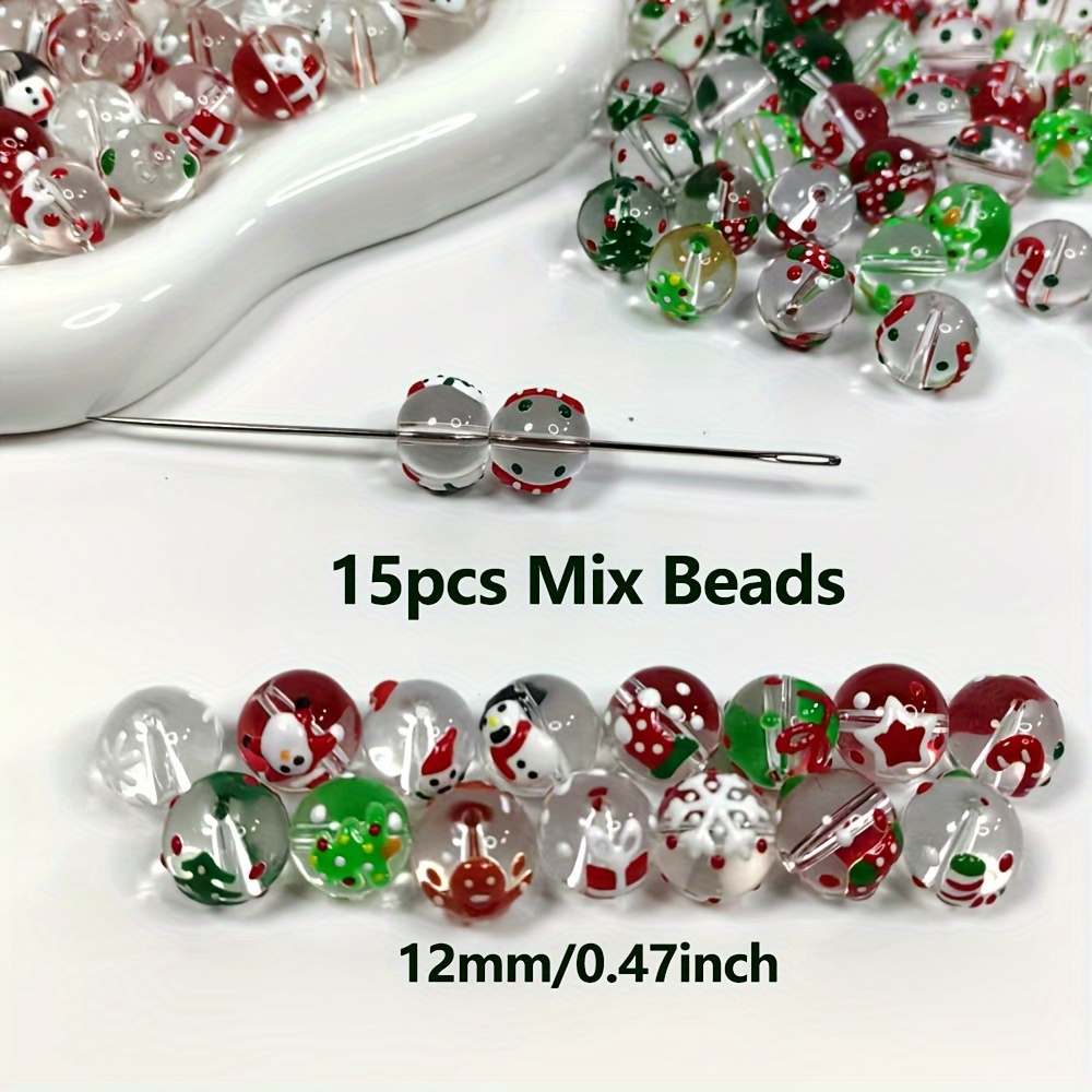 TEMU [customer Favorite] 15pcs Christmas Charm Beads Set - Hand-painted Glass Beads With Santa, Candy Cane & Snowman Designs For Making, Holiday Bracelet & Necklace Accessories