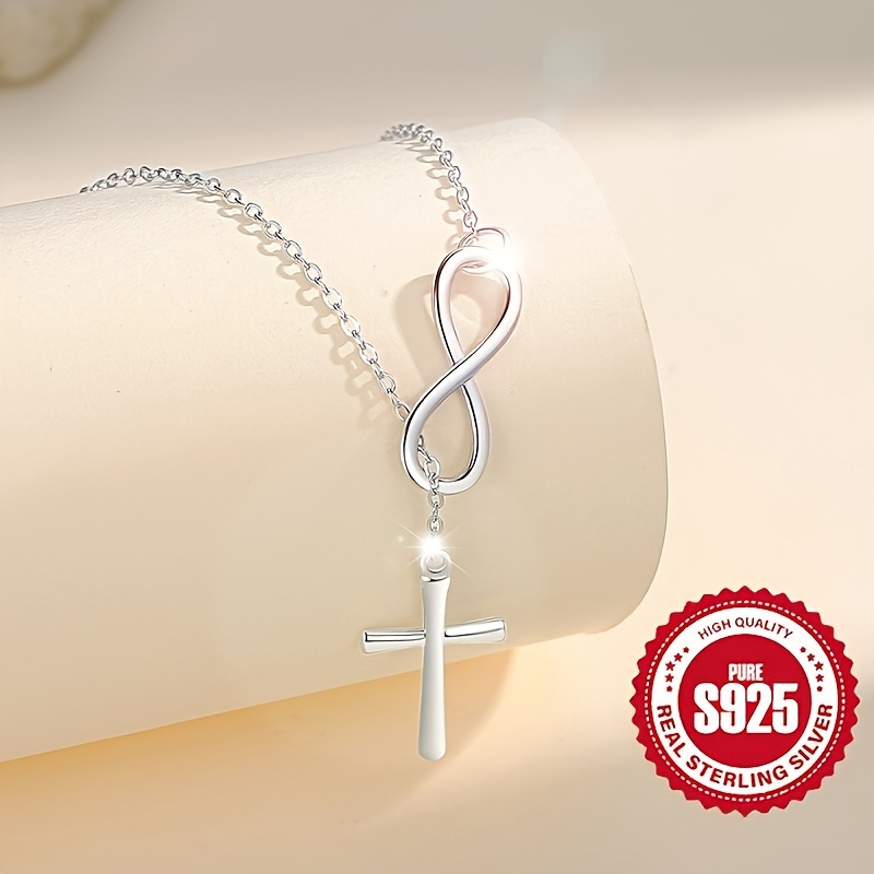 luxurious s925 pure sterling silvery infinity cross pendant necklace hypoallergenic 4 5g vacations and for valentines day with elegant design and shimmering womens jewelry details 2