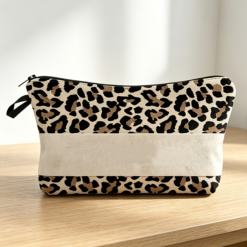 TEMU 1pc Leopard Print Makeup Bag/toiletry Bag/organizer With White Stripe In , Featuring A Fashionable Design. Customizable /text. Zippered Opening.