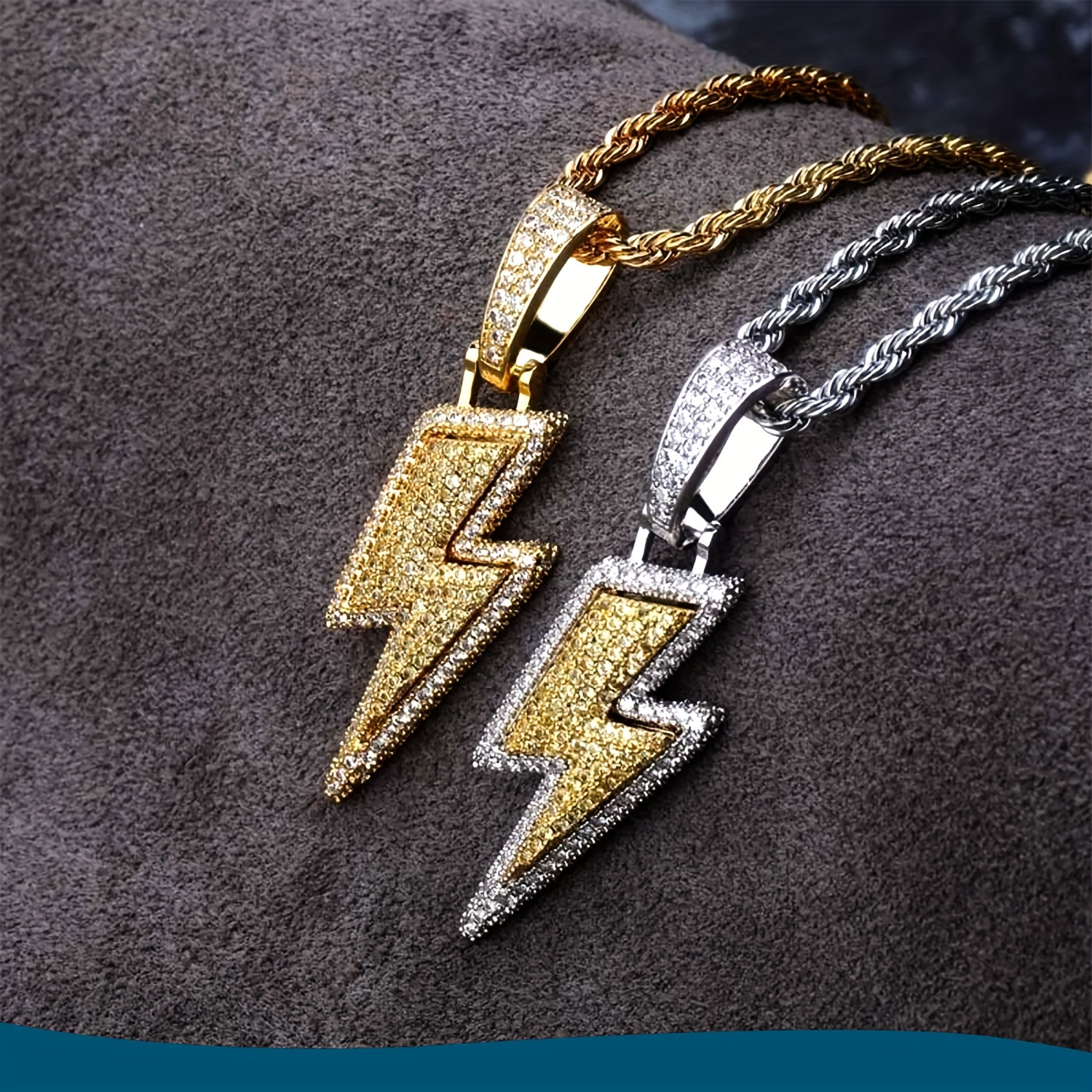 

Golden Plated Silvery Hip Hop Lightning Pendant Necklace With Synthetic Diamond Trendy Men's Trendy Pendant Jewelry With 24 Inch Chain