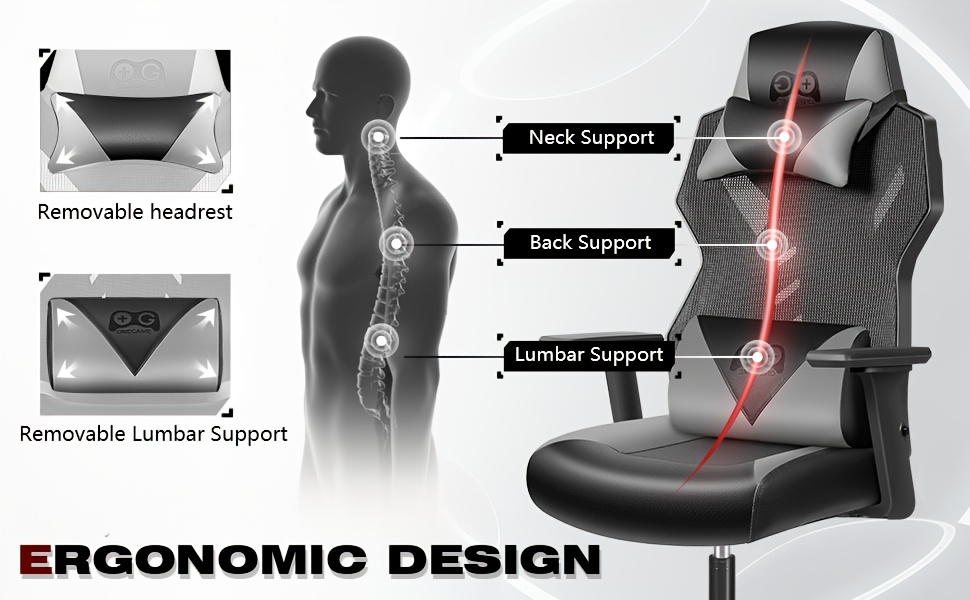 KERDOM Gaming Stoel - Ergonomische Racing Stoel met Verstelbare Hoogte, 3D Handgreep, Lendenkussen & Hoofdsteun, 360° Draaibaar, Ademend Mesh, Schommel Rug