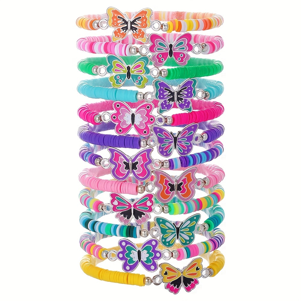 

12pcs Exquisite Cute Butterfly Charm Beaded Bracelet, Alloy Enamel Accessories, Elastic Bracelets For Girls, Holiday Birthday Gift Set, Friendship Bracelets